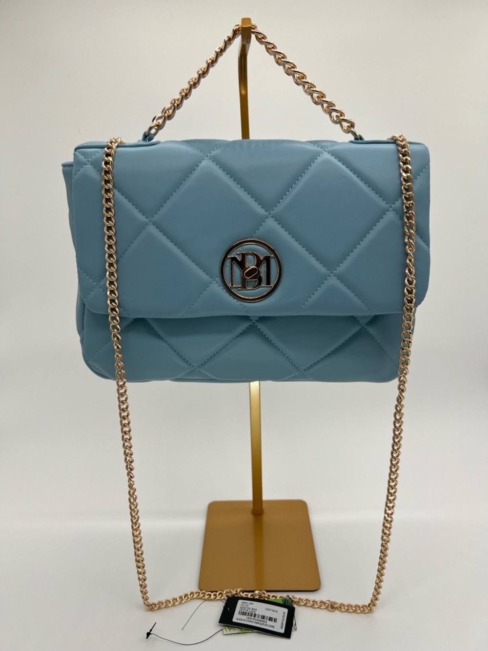 Badgley Mischka Light Blue Quilted Chain Shoulder Bag with Gold Hardware